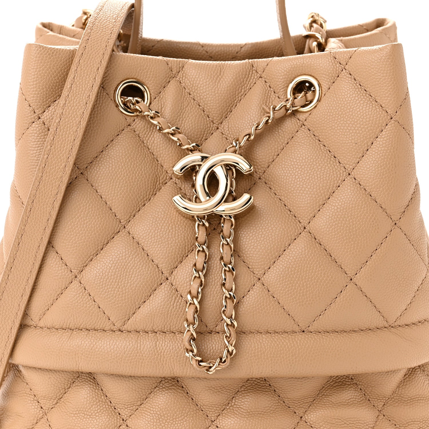 Chanel Caviar Quilted Rolled Up Bucket Drawstring Bag Beige 8 of 13
