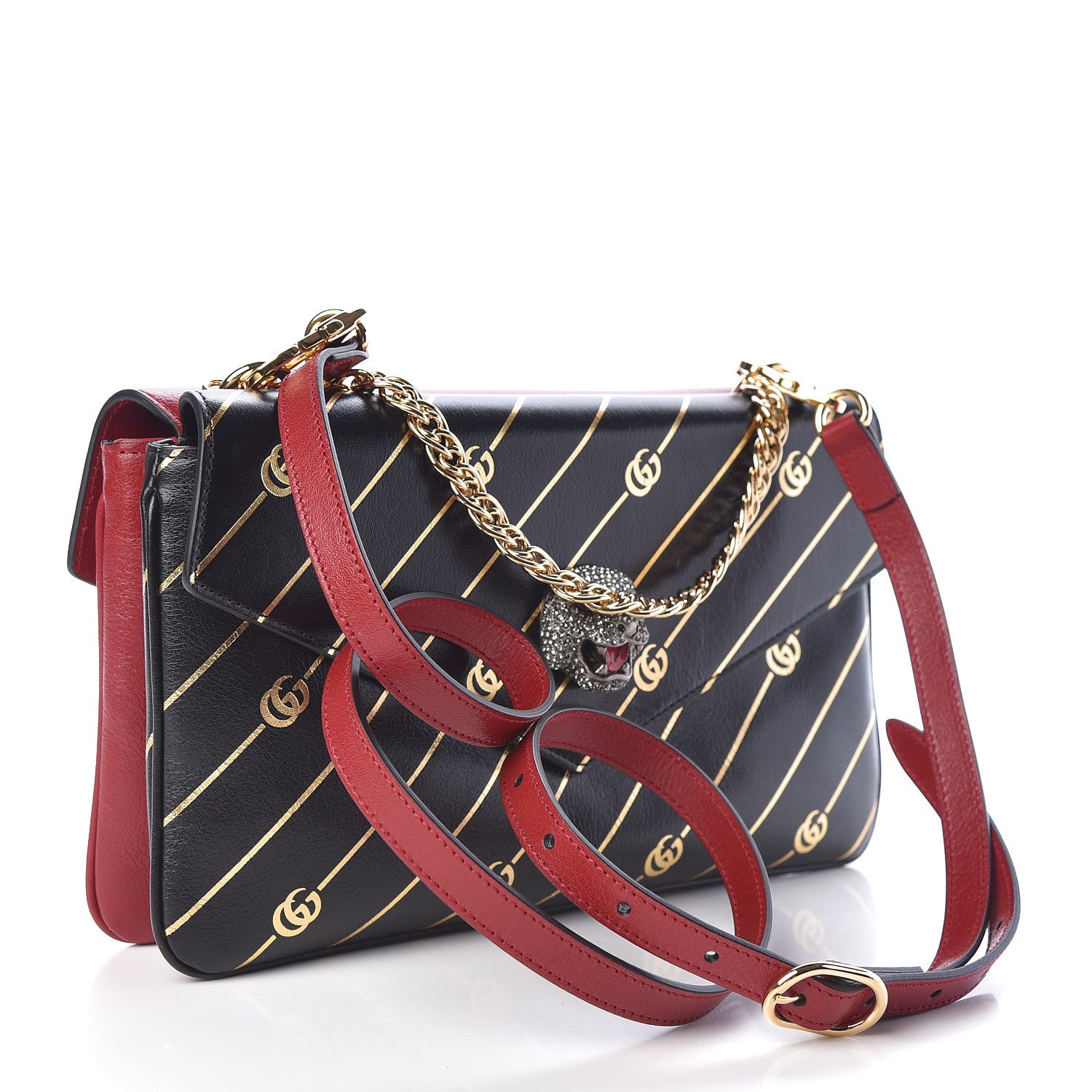Gucci Calfskin Diagonal GG Medium Thiara Double Envelope Shoulder Bag Black Red 5 of 18