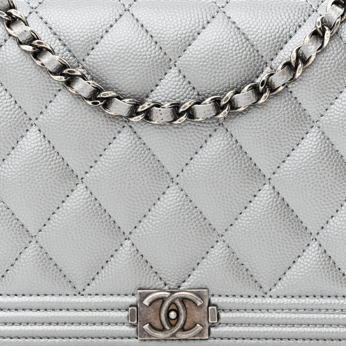 Metallic Caviar Quilted Boy Wallet On Chain WOC Silver