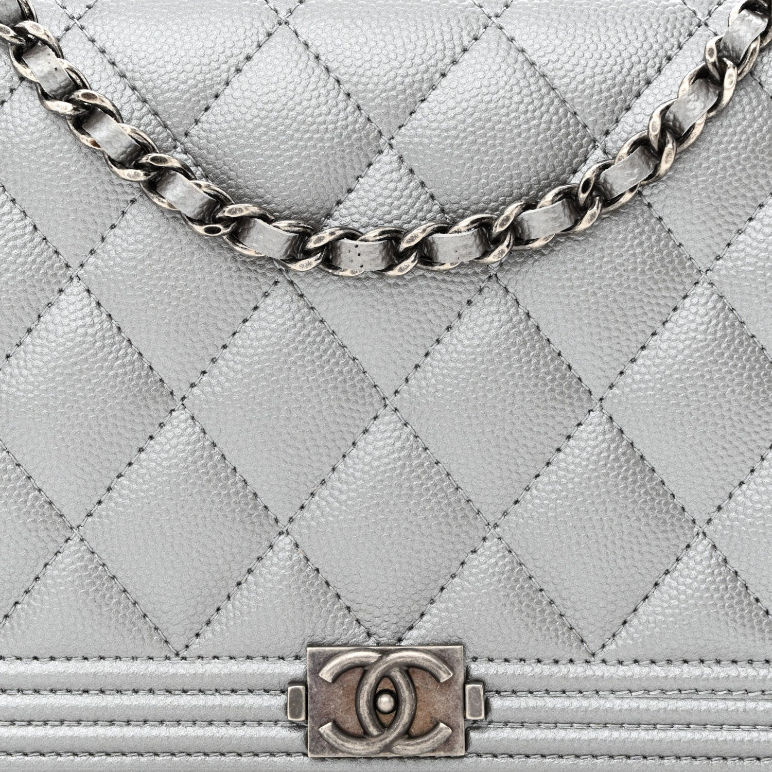 Chanel Metallic Caviar Quilted Boy Wallet On Chain WOC Silver 9 of 12