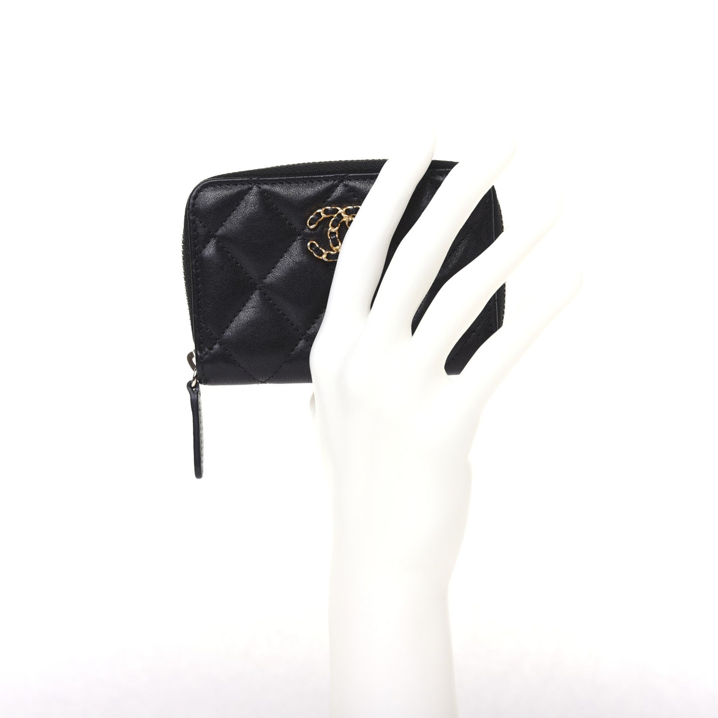 Goatskin Quilted Chanel 19 Zip Around Coin Purse Wallet Black