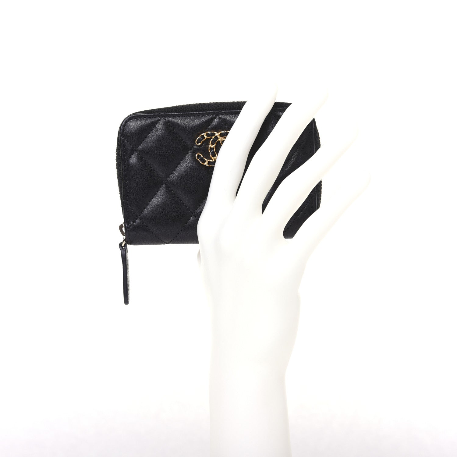 Chanel Goatskin Quilted Chanel 19 Zip Around Coin Purse Wallet Black 2 of 12