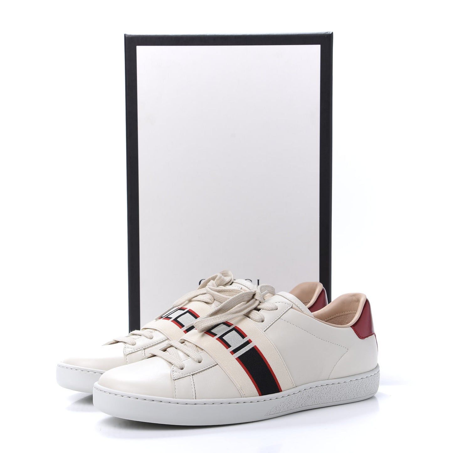 Calfskin Stripe Womens New Ace Sneakers 37.5 New Mystic White Ecru Red Flame