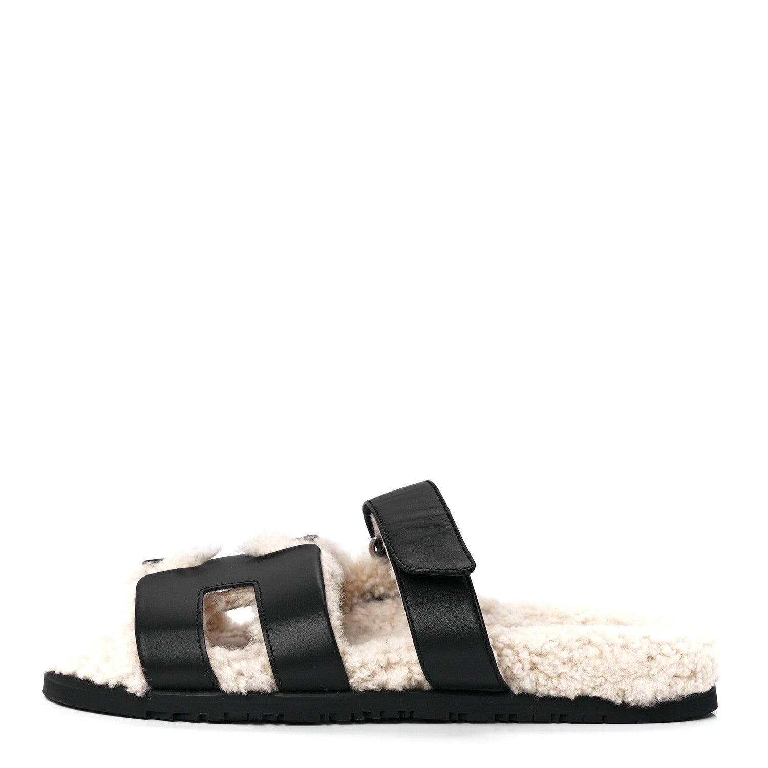 Hermes Calfskin Woolskin Mens Chypre Sandals 41.5 Black Ecru 1 of 8