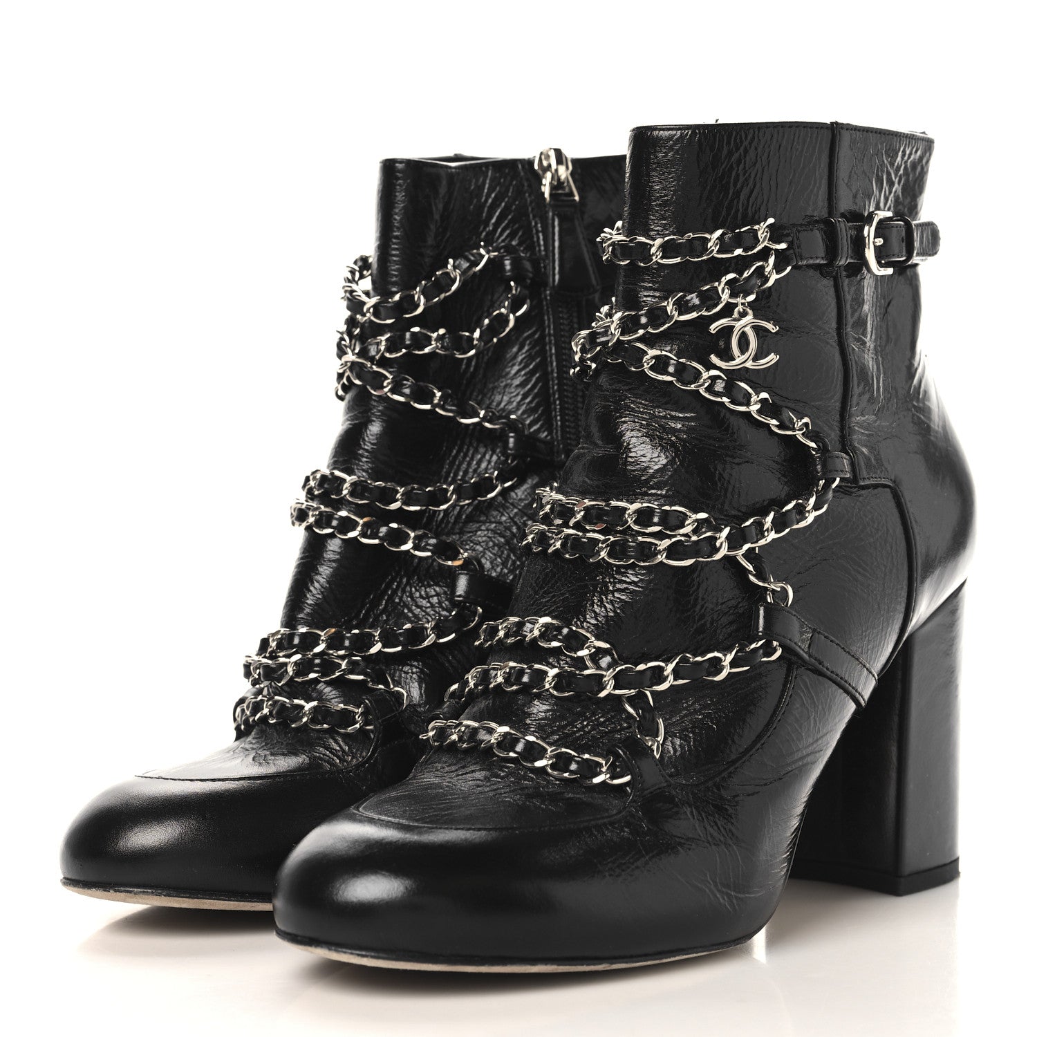 Chanel Crackled Calfskin Chain CC Short Boots 38 Black 1748413