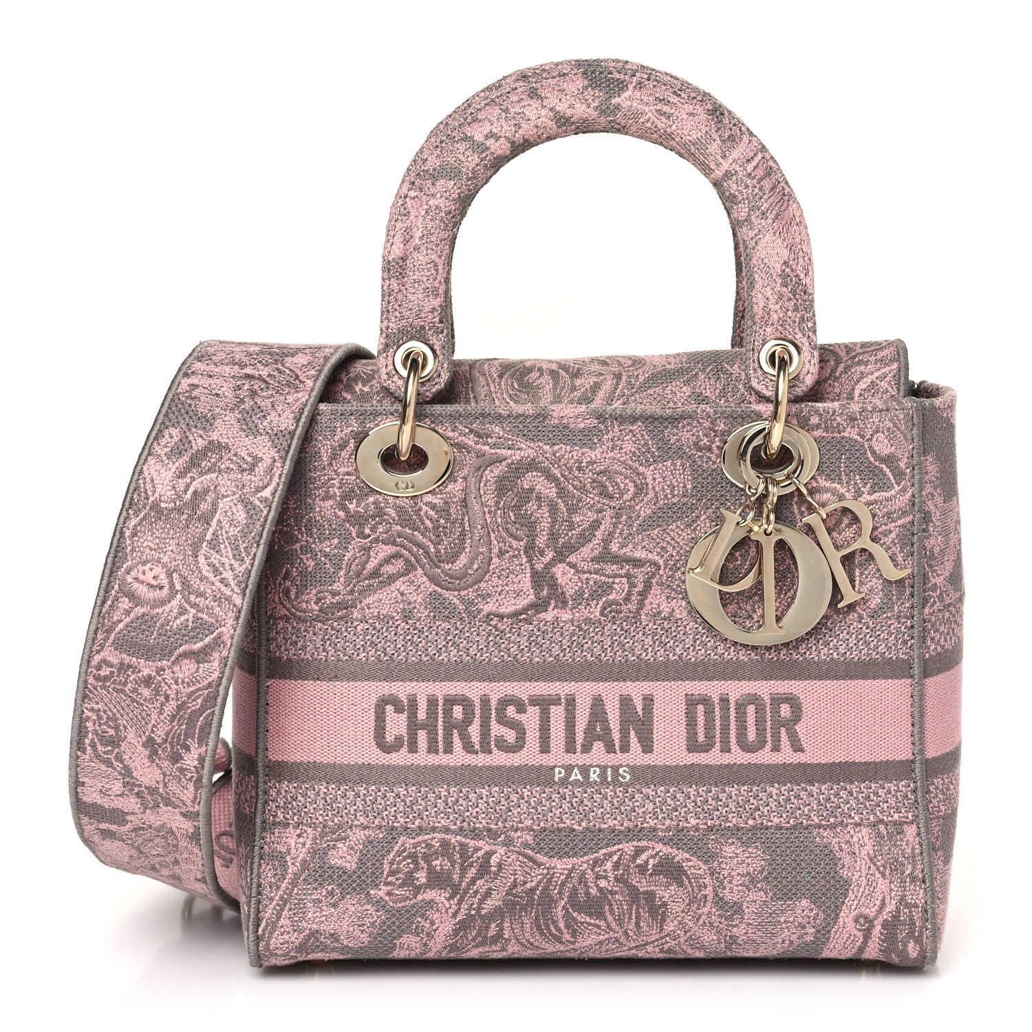 Christian Dior Canvas Toile De Jouy Reverse Embroidered Medium Lady D-Lite Gray Pink 1 of 10