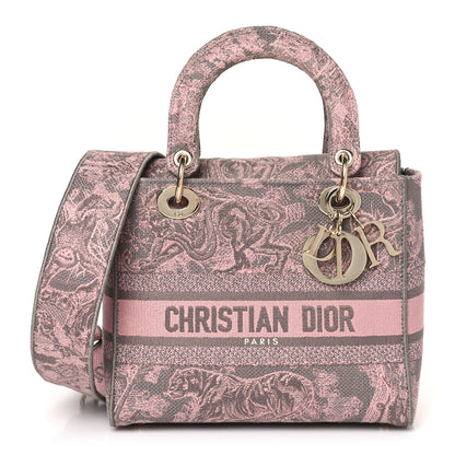 Christian Dior Canvas Toile De Jouy Reverse Embroidered Medium Lady D-Lite Gray Pink 1 of 10