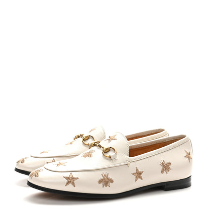 Gucci Goatskin Bee Star Embroidered Womens Jordaan Loafers 37.5 Mystic White 4 of 9