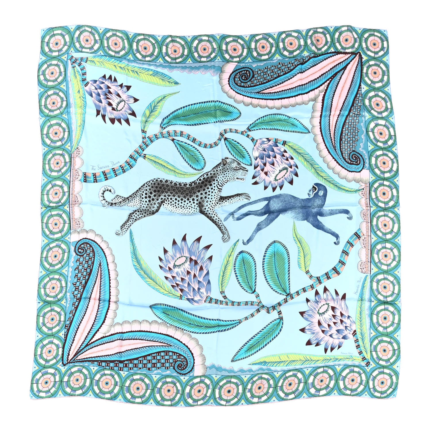 Hermes Silk The Savana Dance Wash Scarf 140 Ciel Vert Rose Poudre 1 of 5