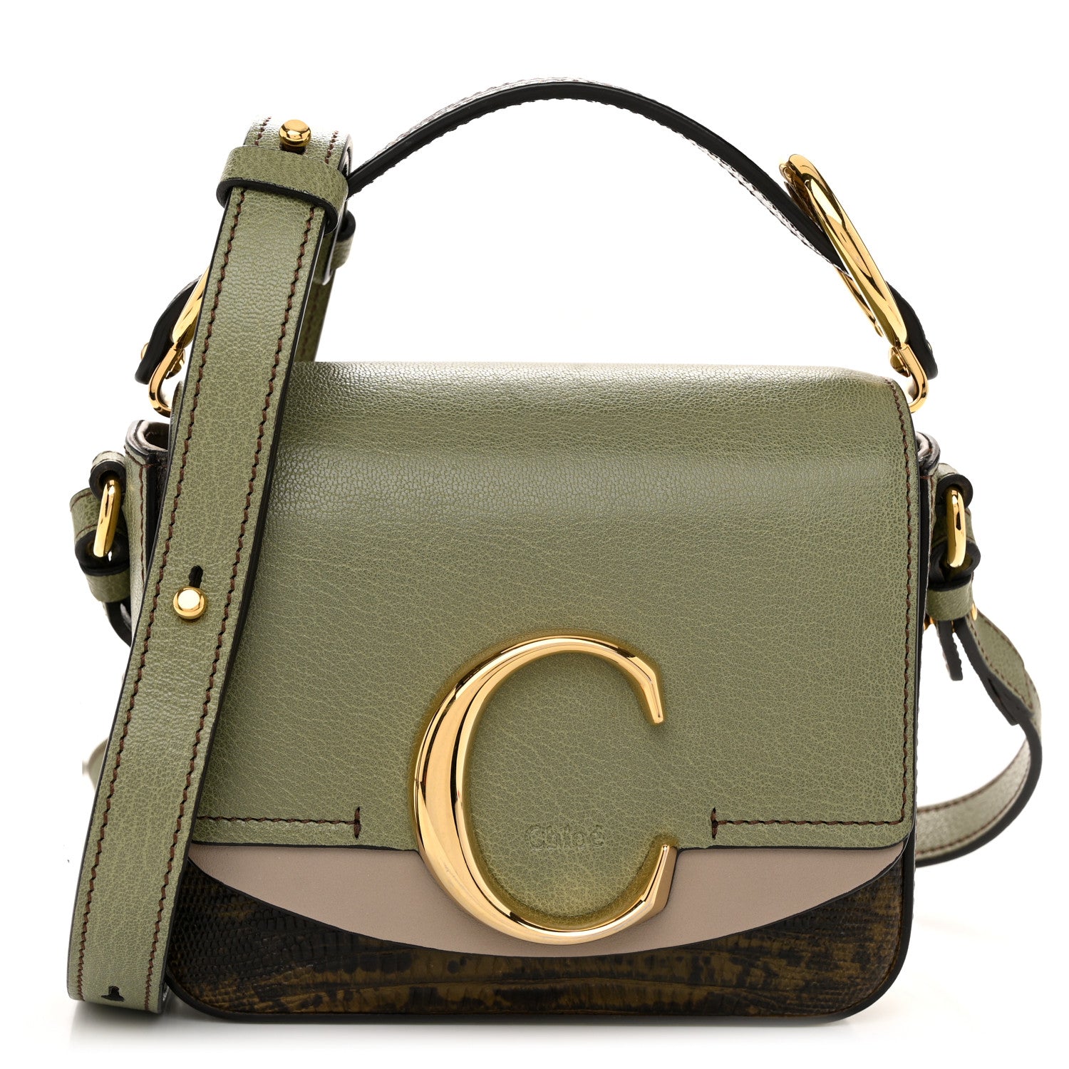 Chloe Goatskin Calfskin Lizard Embossed Mini C Double Carry Antique Green 1 of 11