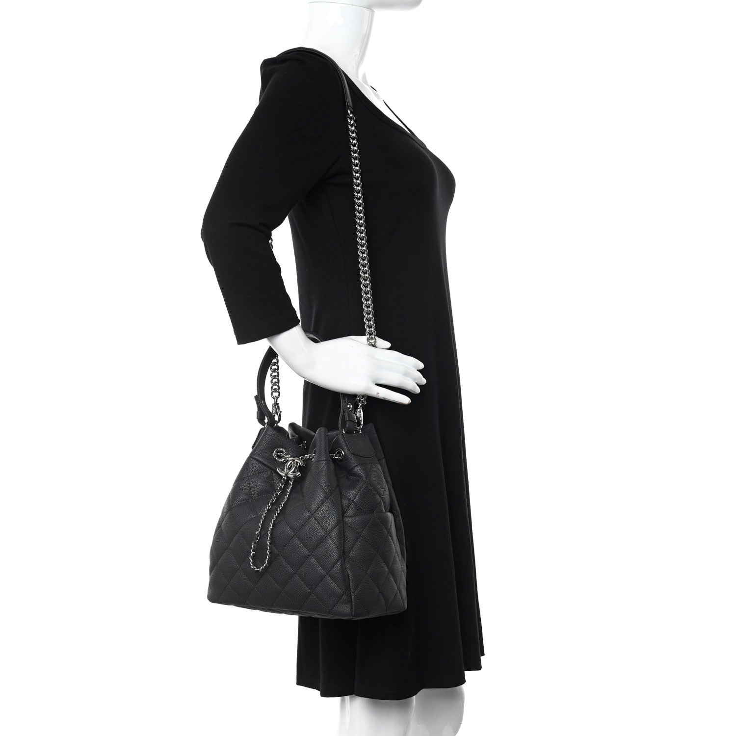 Chanel Caviar Flat Quilted CC Chain Bucket Drawstring Bag Black 2 of 9