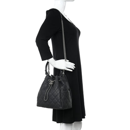 Chanel Caviar Flat Quilted CC Chain Bucket Drawstring Bag Black 2 of 9