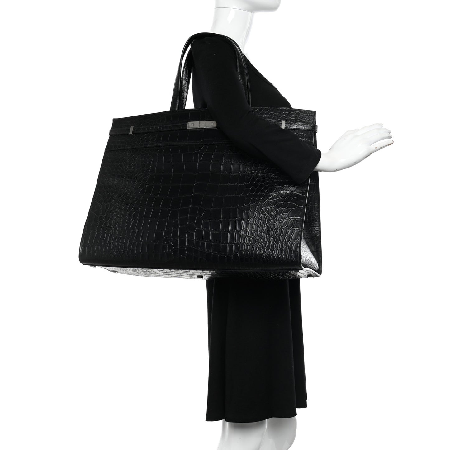 Calfskin Crocodile Embossed Large Manhattan Shopper Tote Black