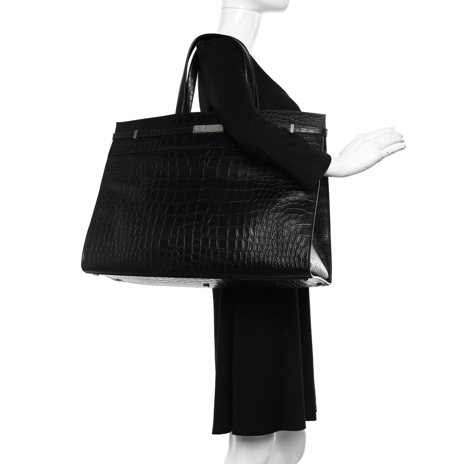 Saint Laurent Calfskin Crocodile Embossed Large Manhattan Shopper Tote Black 2 of 10