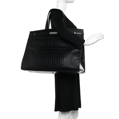 Saint Laurent Calfskin Crocodile Embossed Large Manhattan Shopper Tote Black 2 of 10