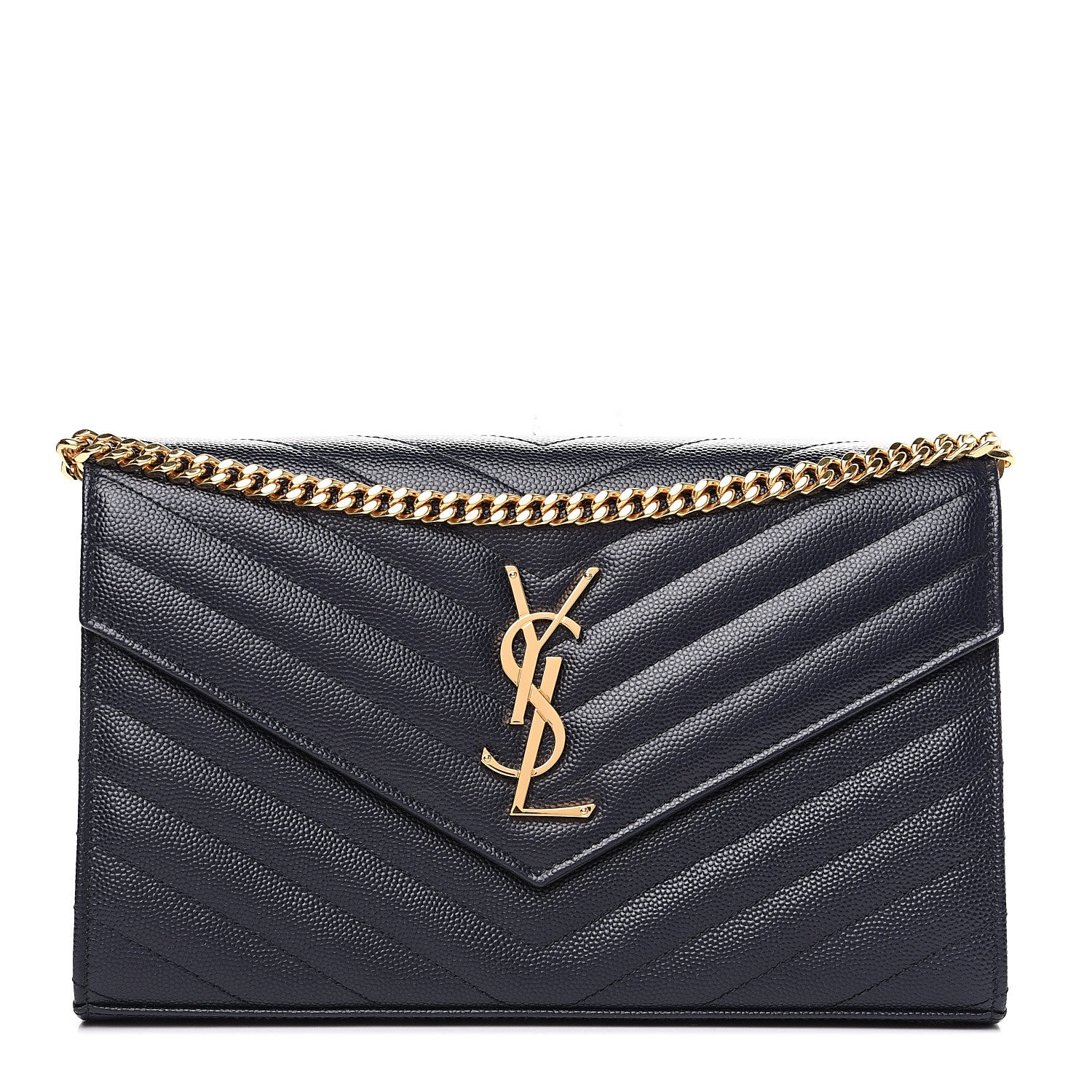 Saint Laurent Grain de Poudre Matelasse Chevron Medium Monogram Chain Wallet Navy 1 of 9