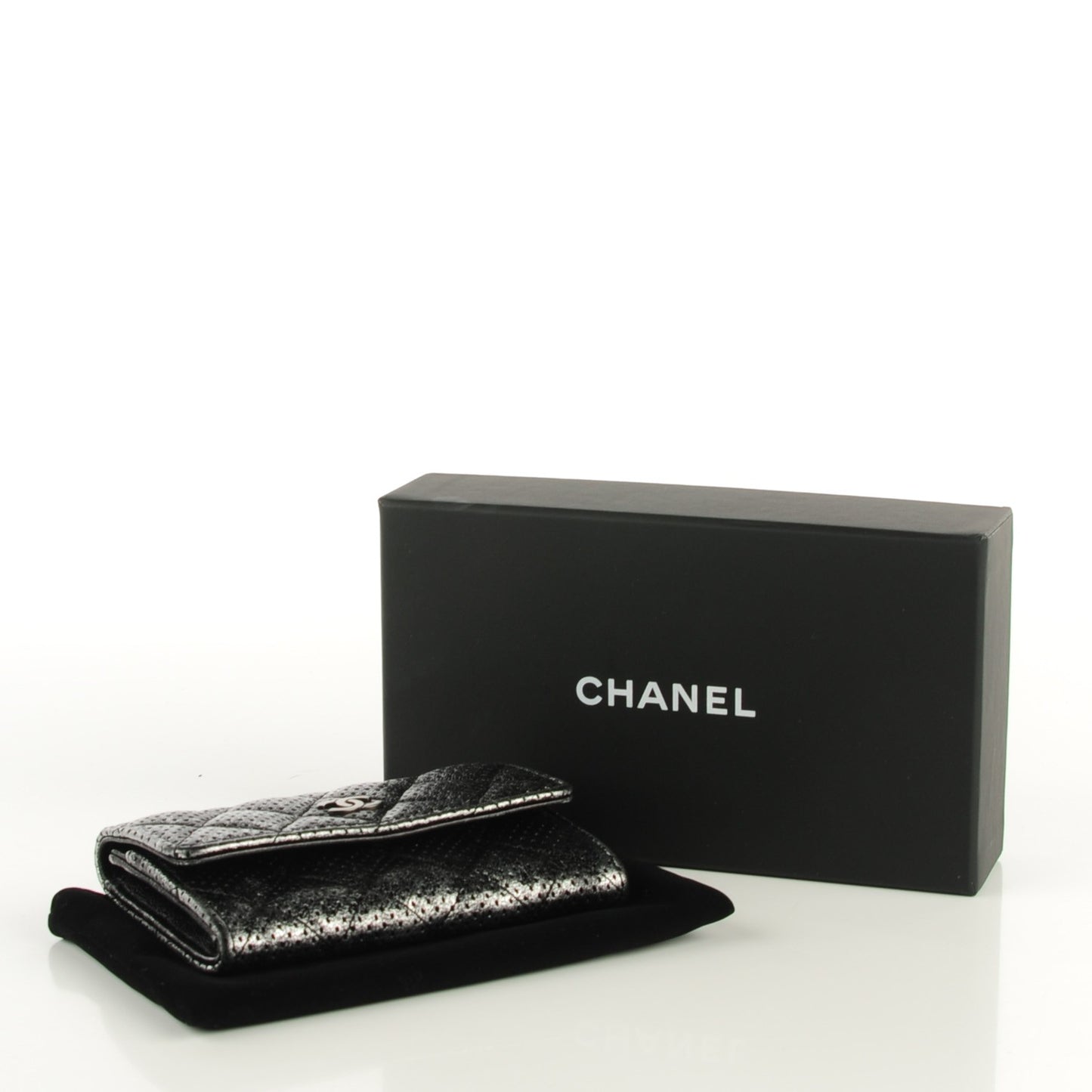 Metallic Calfskin Perforated Quilted Card Holder Grey