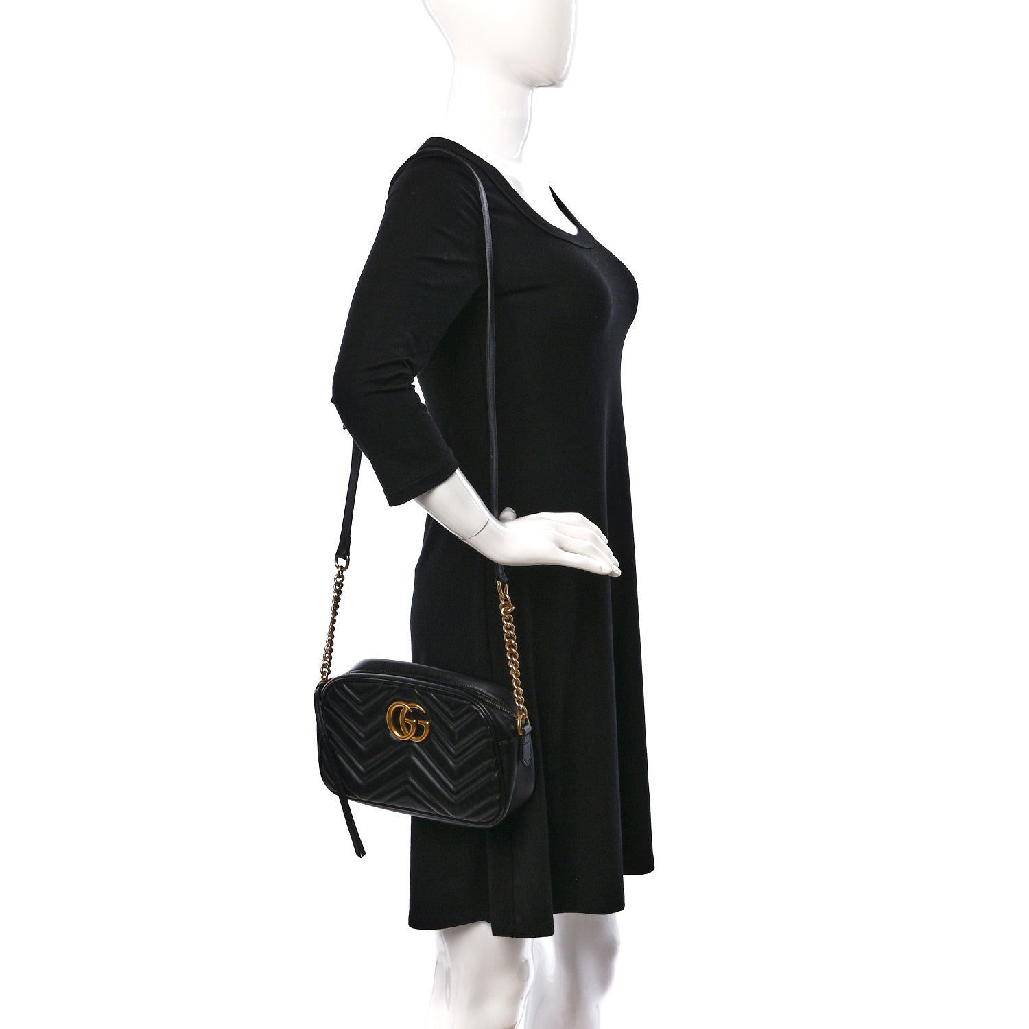 Gucci Calfskin Matelasse Small GG Marmont Chain Shoulder Bag Black 2 of 9