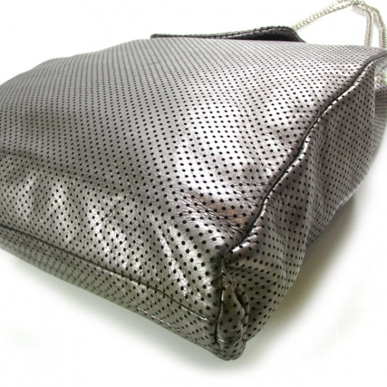 Metallic Crackled Calfskin Perforated Drill Shoulder Bag Silver
