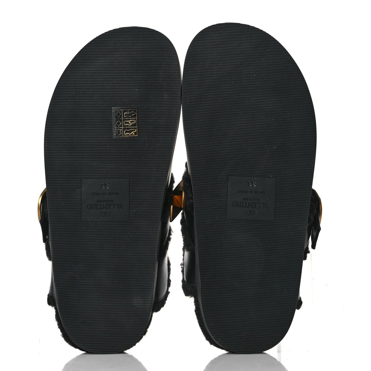 Calfskin Shearling Roman Stud River Slippers 36 Black