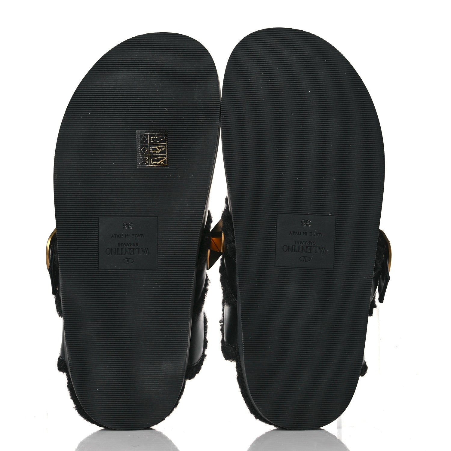 Valentino Garavani Calfskin Shearling Roman Stud River Slippers 36 Black 5 of 7