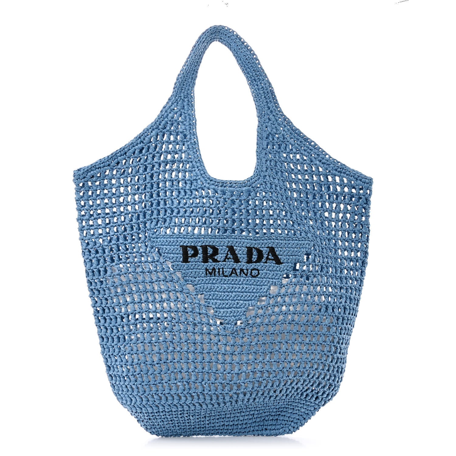 Prada Yarn Raffia Effect Crochet Logo Embroidered Shopping Tote Bag Celeste 1 of 10