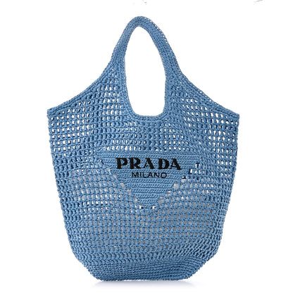Prada Yarn Raffia Effect Crochet Logo Embroidered Shopping Tote Bag Celeste 1 of 10