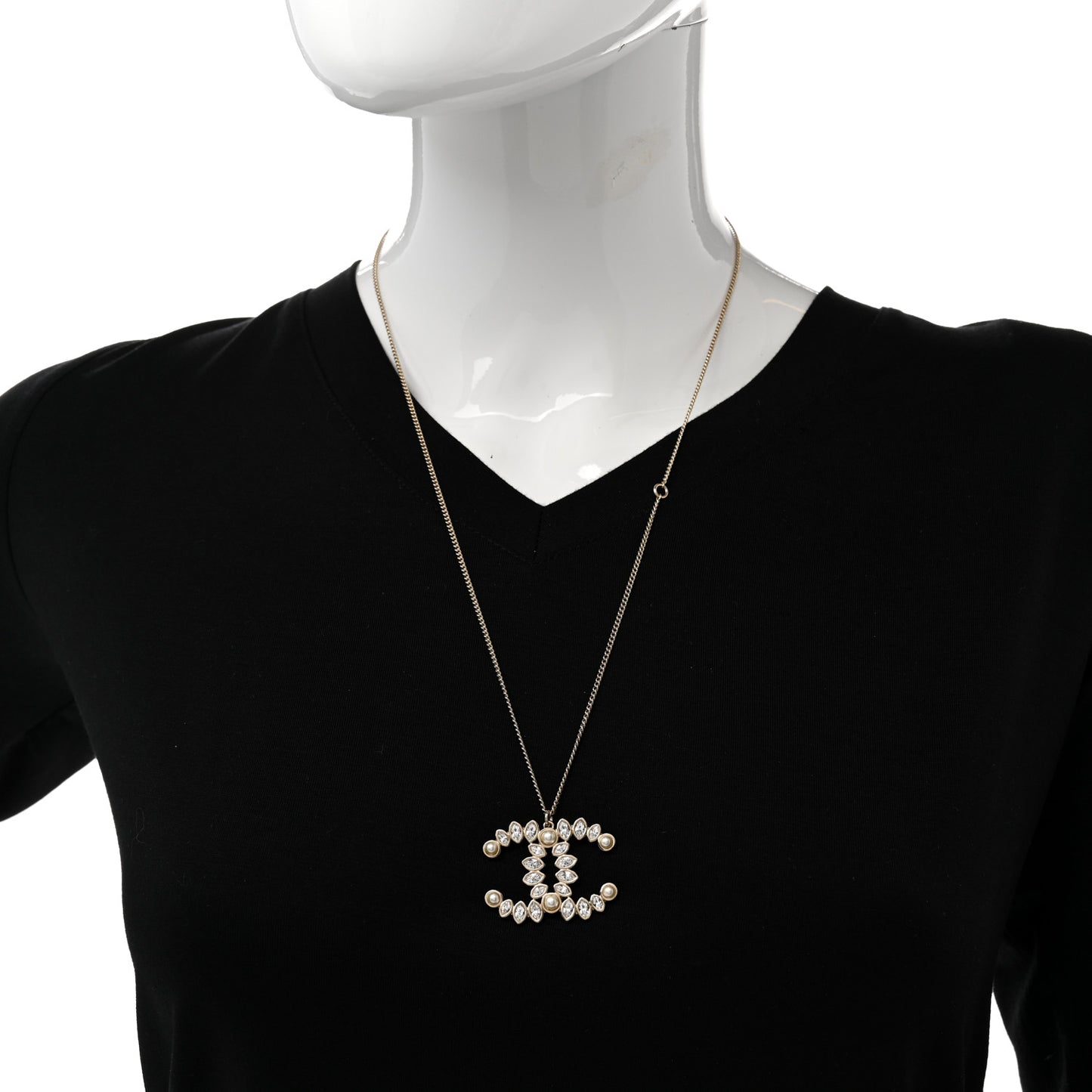 Pearl Crystal CC Pendant Necklace Gold