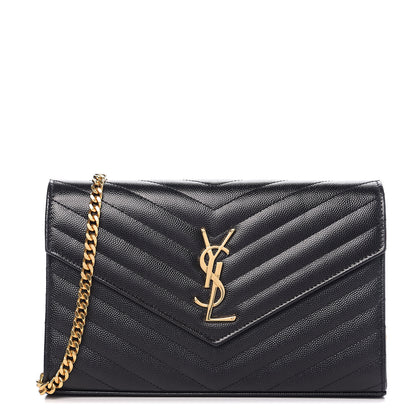 Saint Laurent Grain De Poudre Matelasse Chevron Monogram Chain Wallet Black 1 of 10