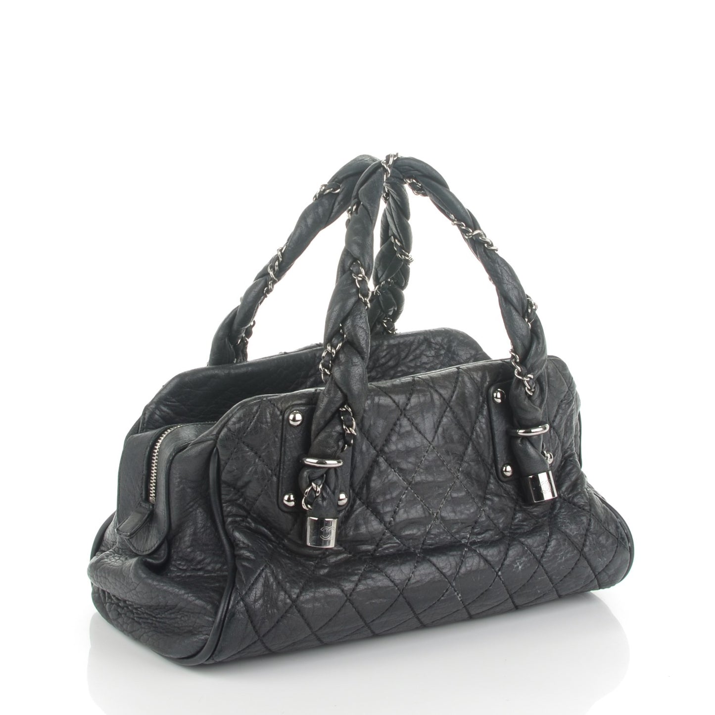 Distressed Lambskin Lady Braid Bowler Black