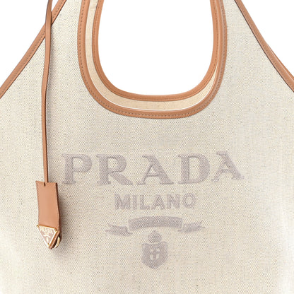 Prada Linen Vitello Medium Logo Tote Natural 7 of 9