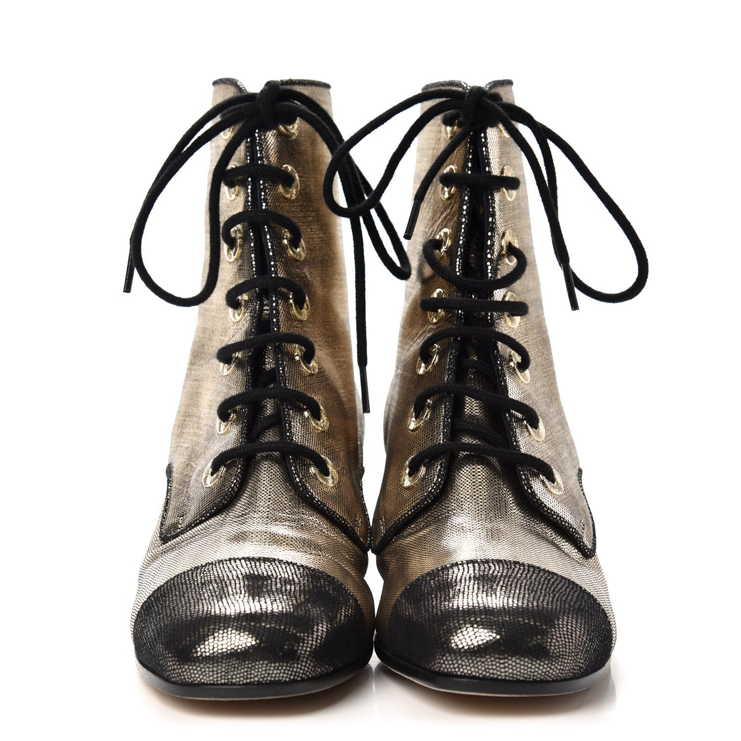 Laminated Calfskin CC Lace Up Short Boots 35.5 Gold Silver