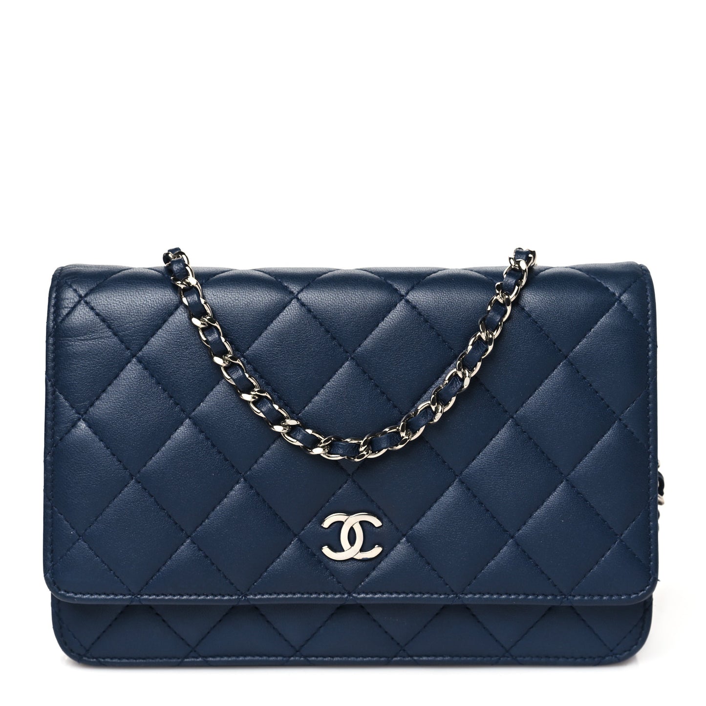 Lambskin Quilted Wallet On Chain WOC Navy Blue