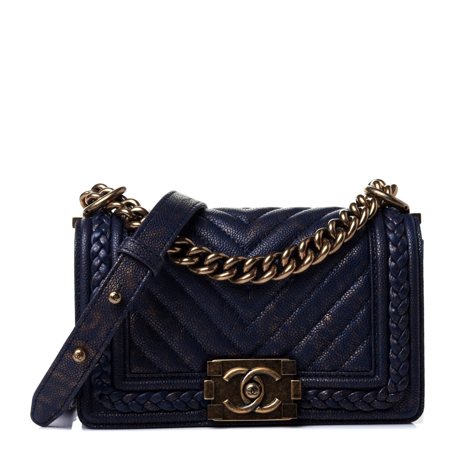 Chanel Patinated Caviar Chevron Braided Small Boy Flap Navy Blue 1 of 4