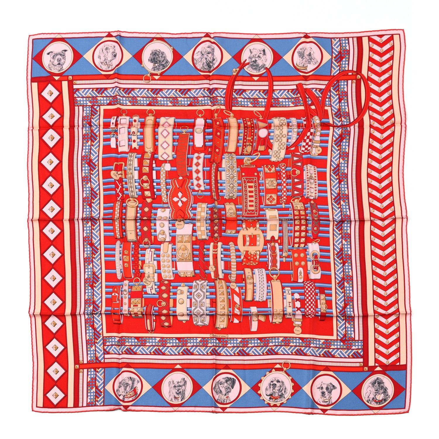 Hermes Silk Carre Wash Colliers de Chiens Scarf 90 Rouge White Bleu 1 of 5