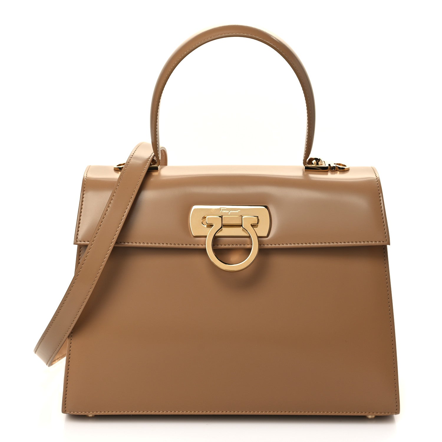 Salvatore Ferragamo Brushed Off Calfskin Iconic Large Top Handle Bag Camel 1 of 5