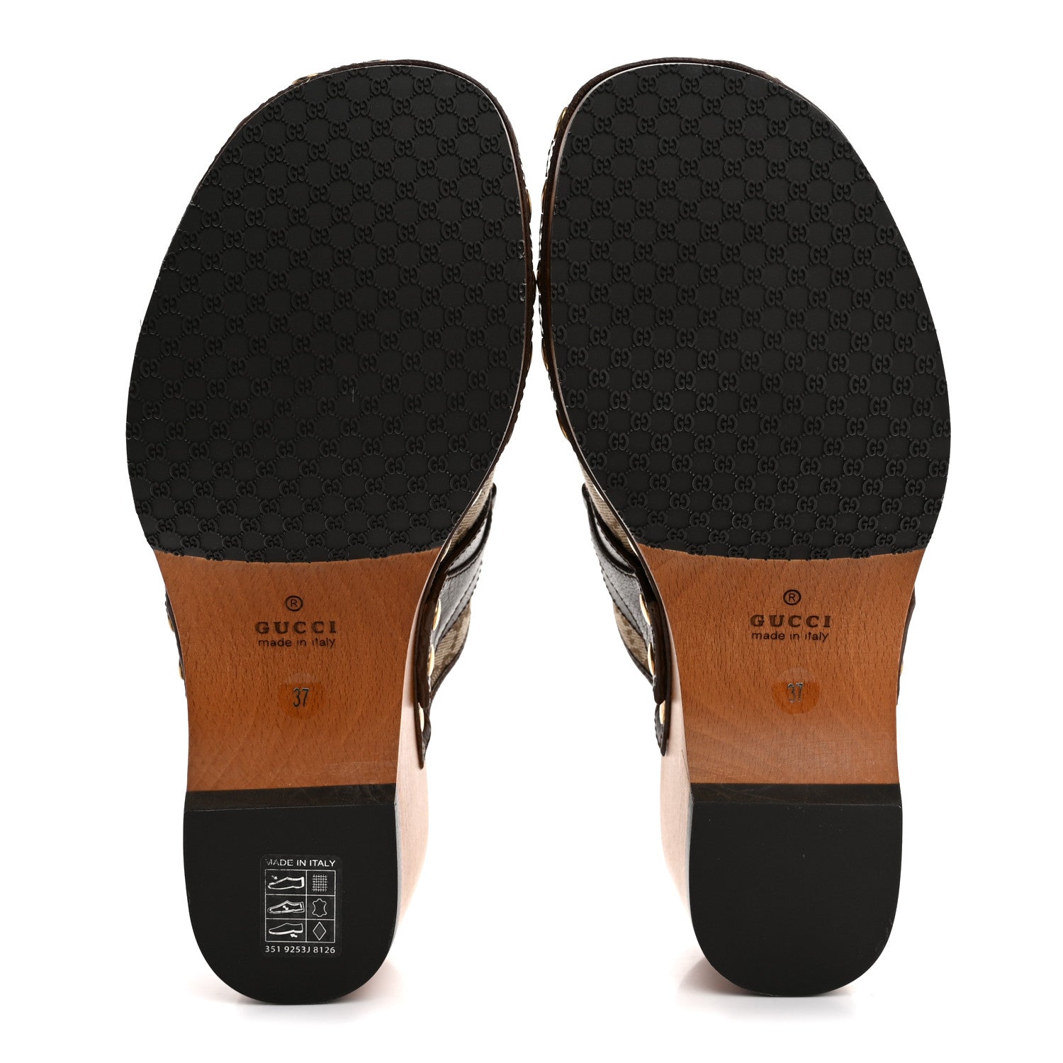 Gucci Monogram Goatskin Horsebit Clog Mules 37 Beige Ebony Brown