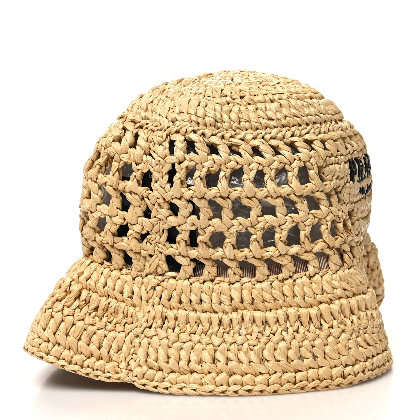 Yarn Raffia Effect Crochet Logo Embroidered Womens Bucket Hat S Naturale