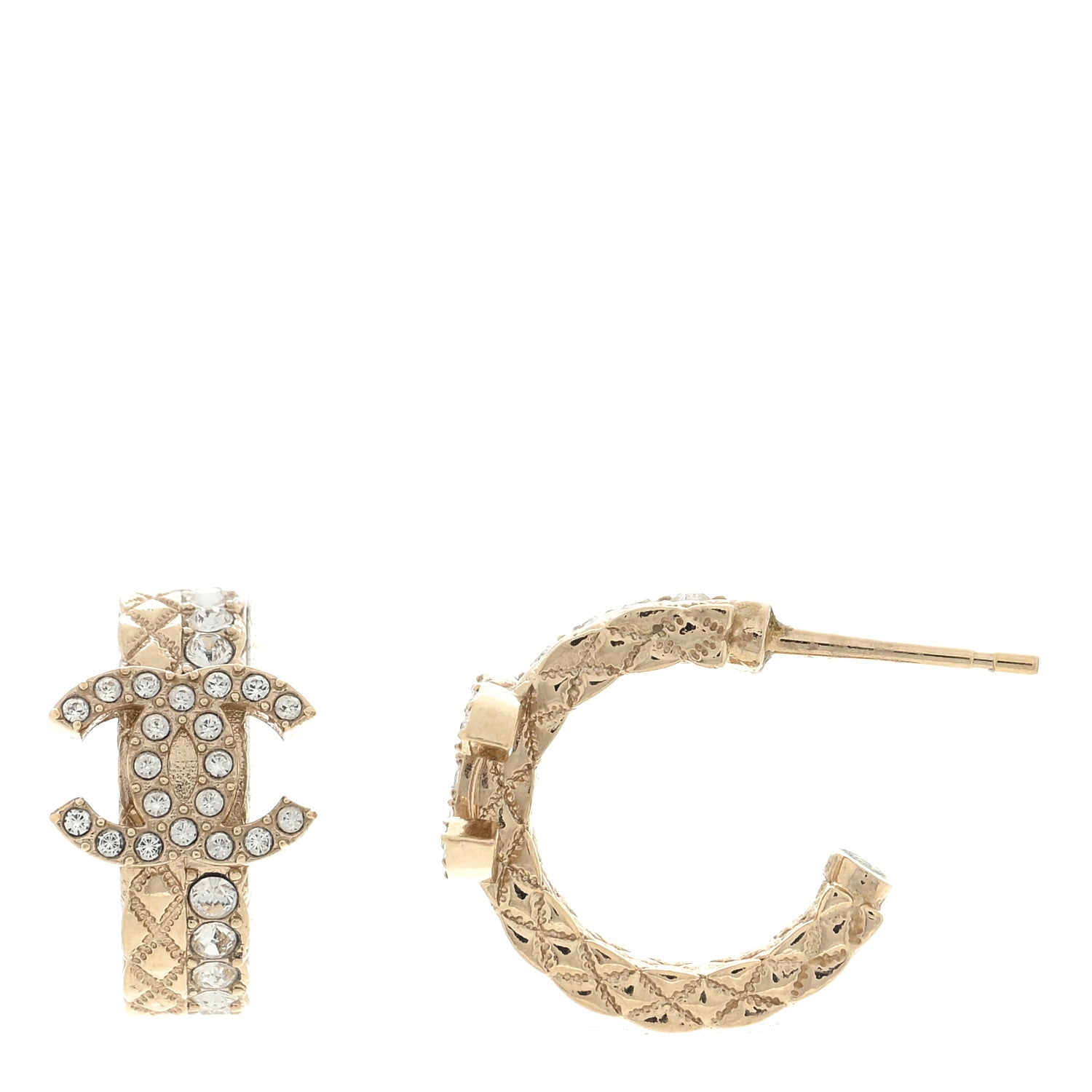 Chanel Metal Crystal Quilted CC Hoop Earrings Gold 1 of 4