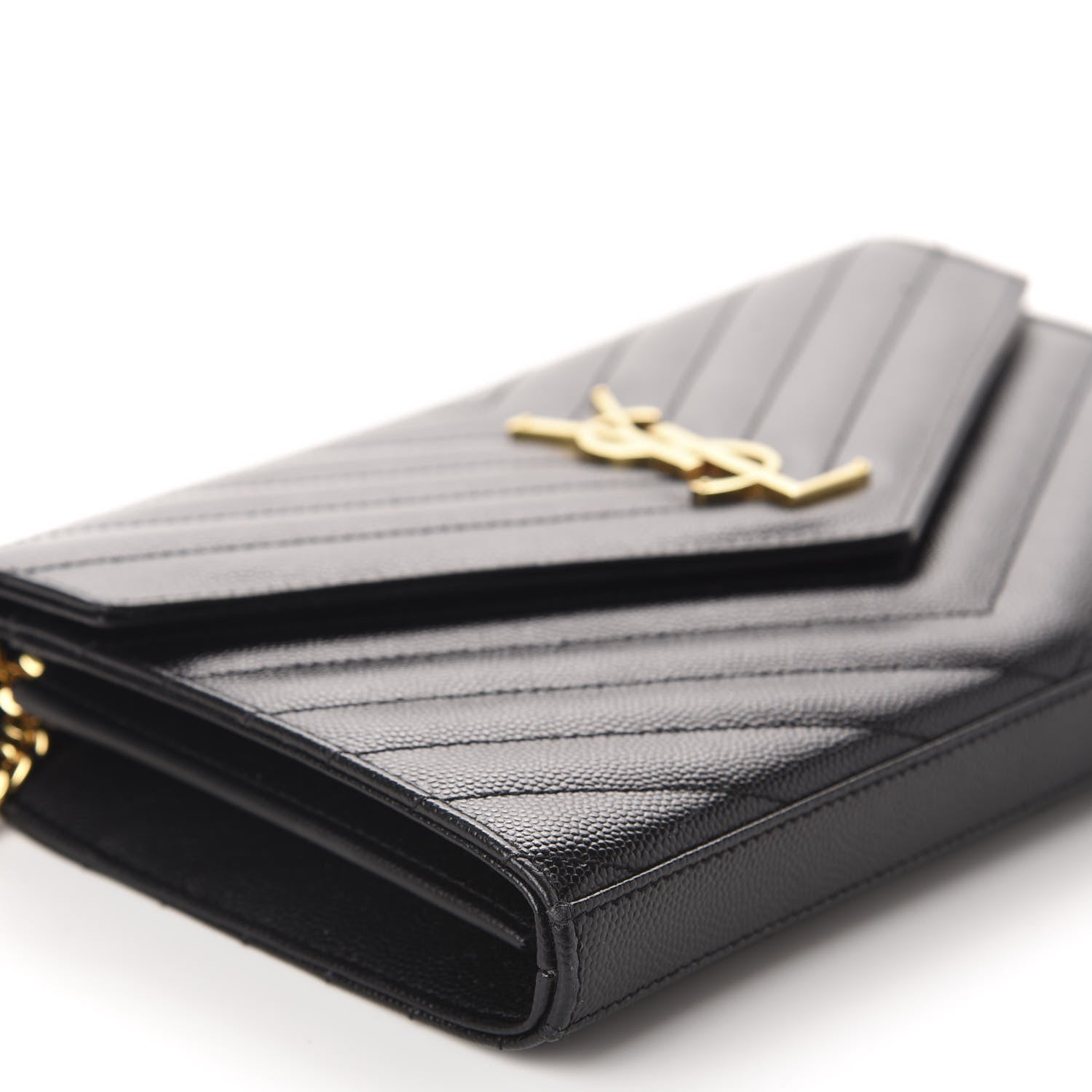 Saint Laurent Grain De Poudre Matelasse Chevron Monogram Chain Wallet Black 6 of 9