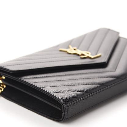 Saint Laurent Grain De Poudre Matelasse Chevron Monogram Chain Wallet Black 6 of 9