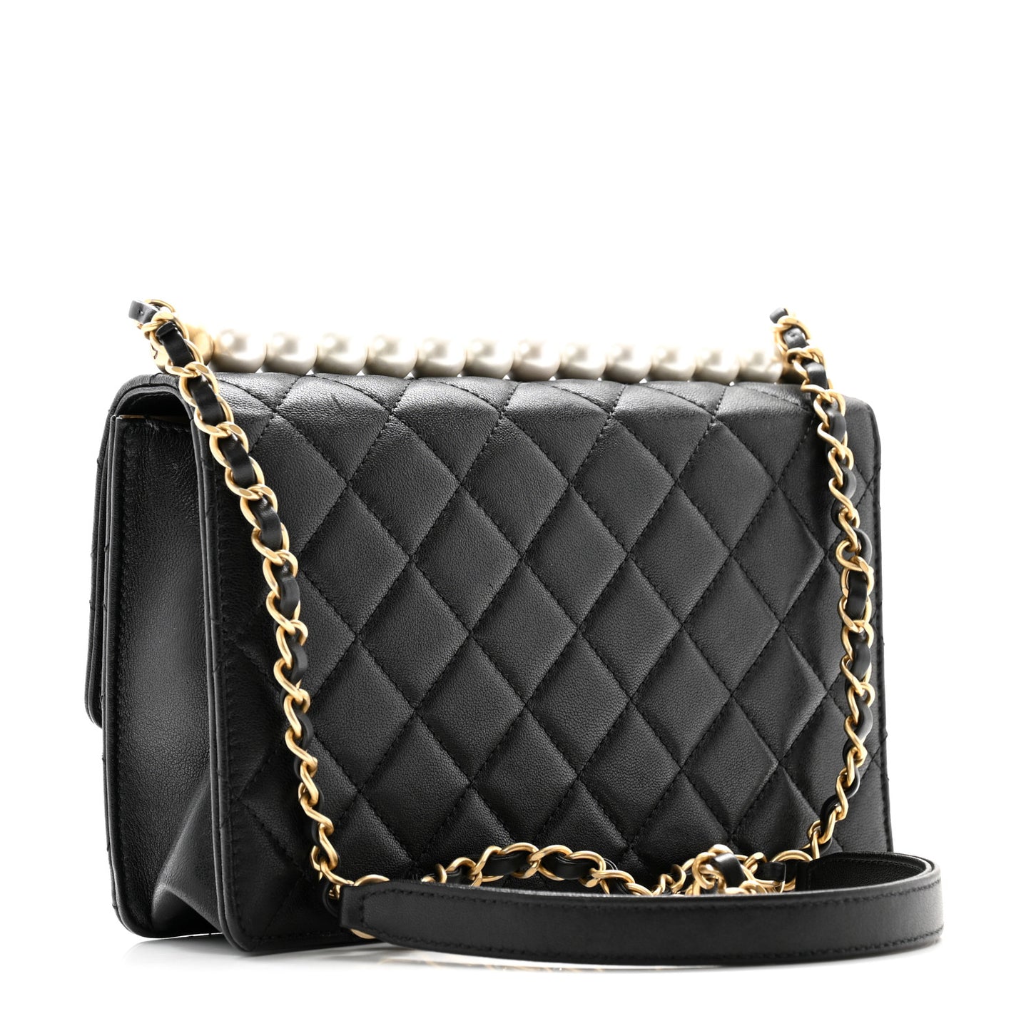 Goatskin Quilted Small Chic Pearls Flap Black