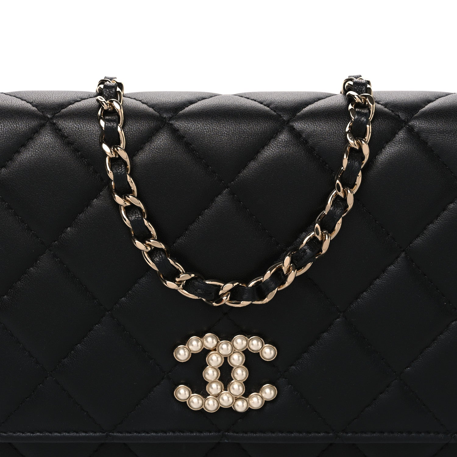 Chanel Lambskin Quilted Pearl CC Wallet on Chain WOC Black 9 of 11