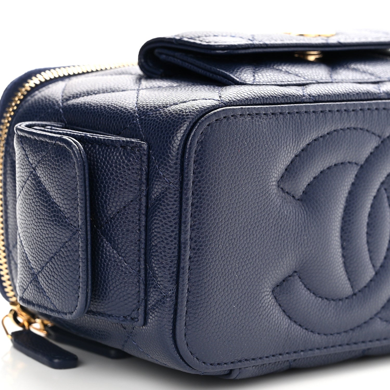 Chanel Caviar Quilted Polly Pocket East West Top Vanity With Chain Navy 9 of 11