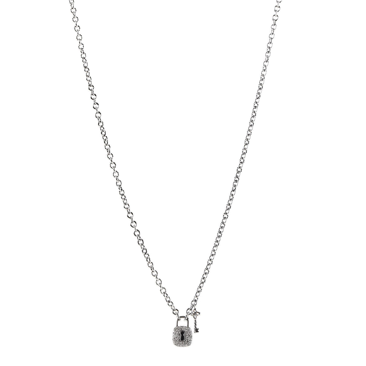 Sterling Silver Diamond Cable Collectibles Lock and Key Charm Pendant Necklace