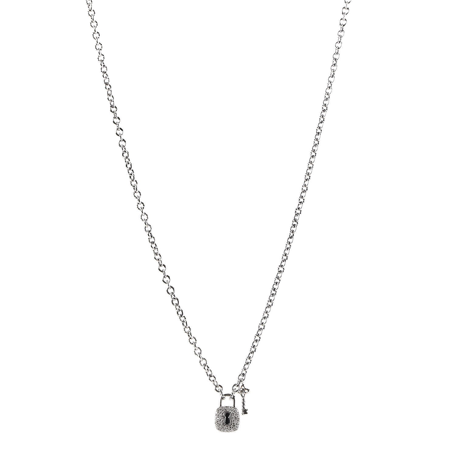 David Yurman Sterling Silver Diamond Cable Collectibles Lock and Key Charm Pendant Necklace 1 of 5