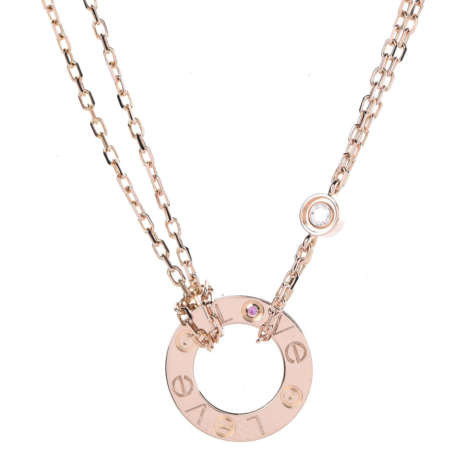 Cartier 18K Pink Gold 1 Diamond 1 Pink Sapphire LOVE Necklace 4 of 6
