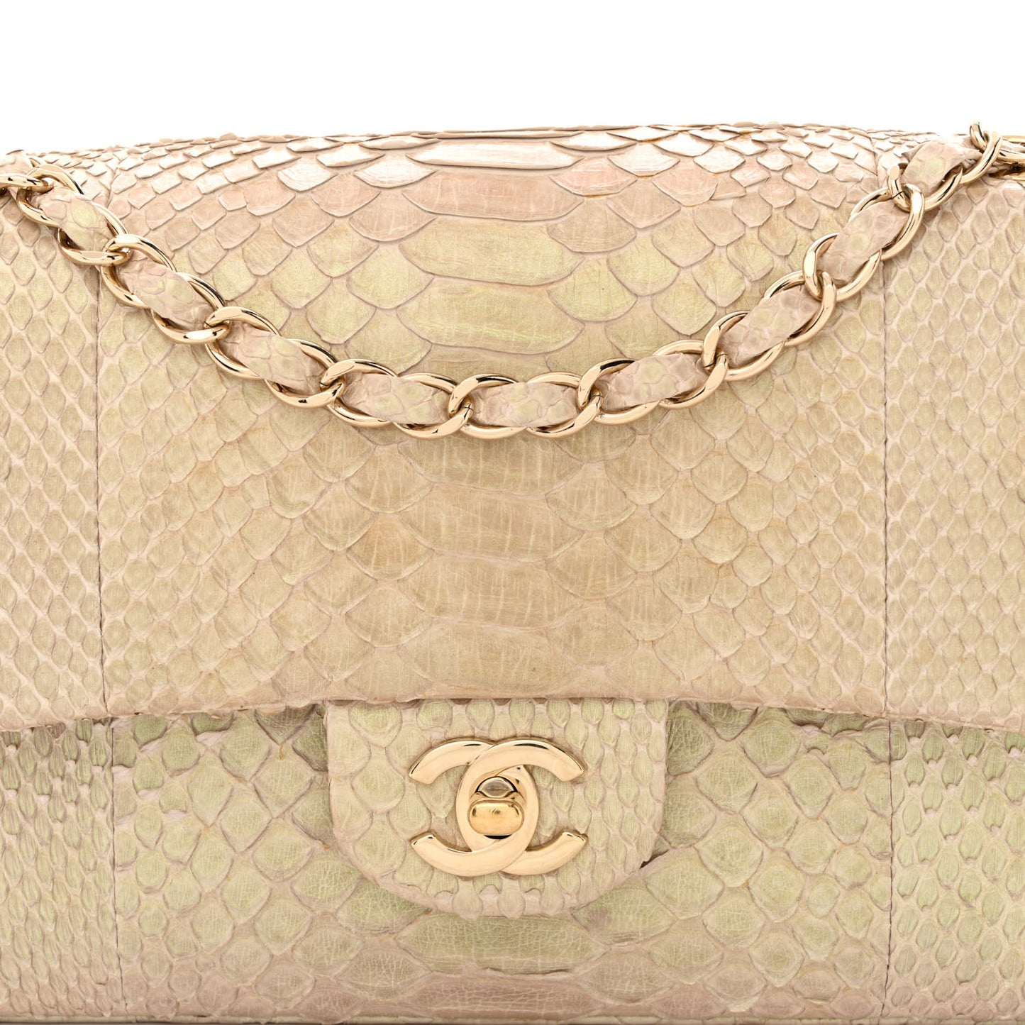 Metallic Snakeskin Medium Double Flap Light Beige