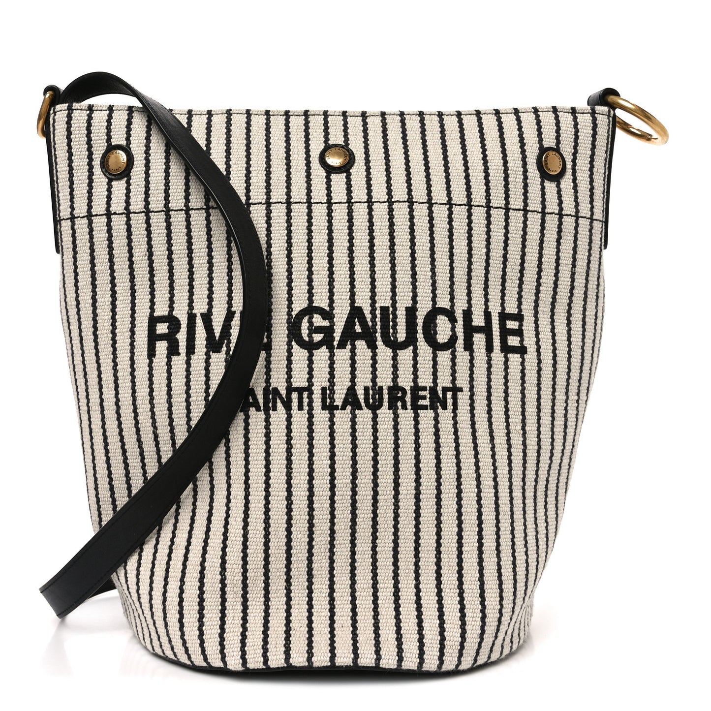 Linen Calfskin Striped Rive Gauche Bucket Bag Grey Cream Black