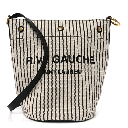 Saint Laurent Linen Calfskin Striped Rive Gauche Bucket Bag Grey Cream Black 1 of 11